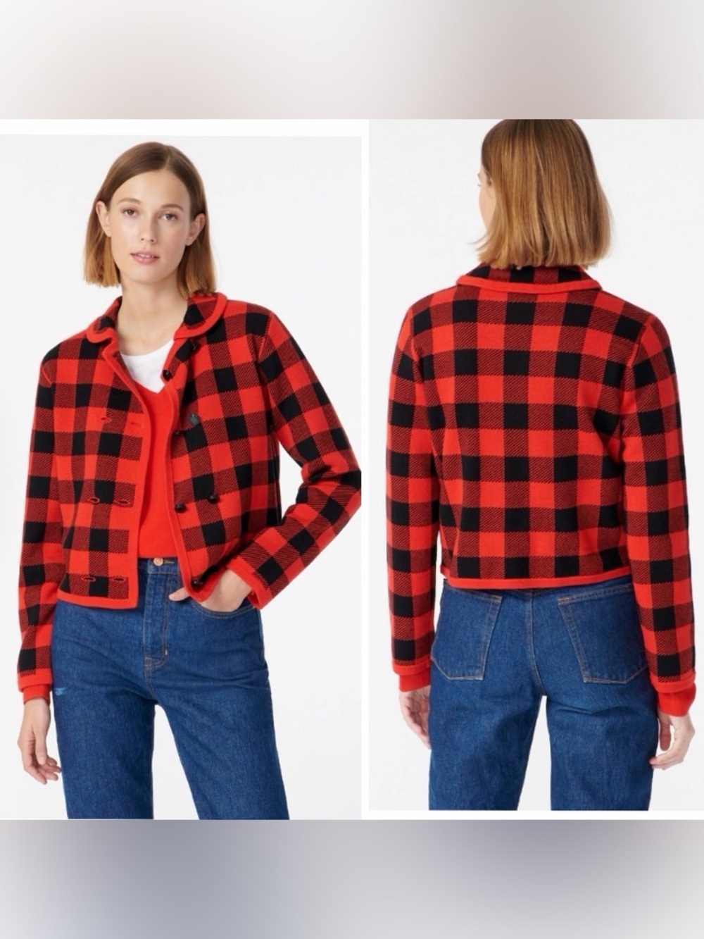 J Crew Buffalo Plaid Check Double Breasted Cardigan Sweater Jacket Womens Small
